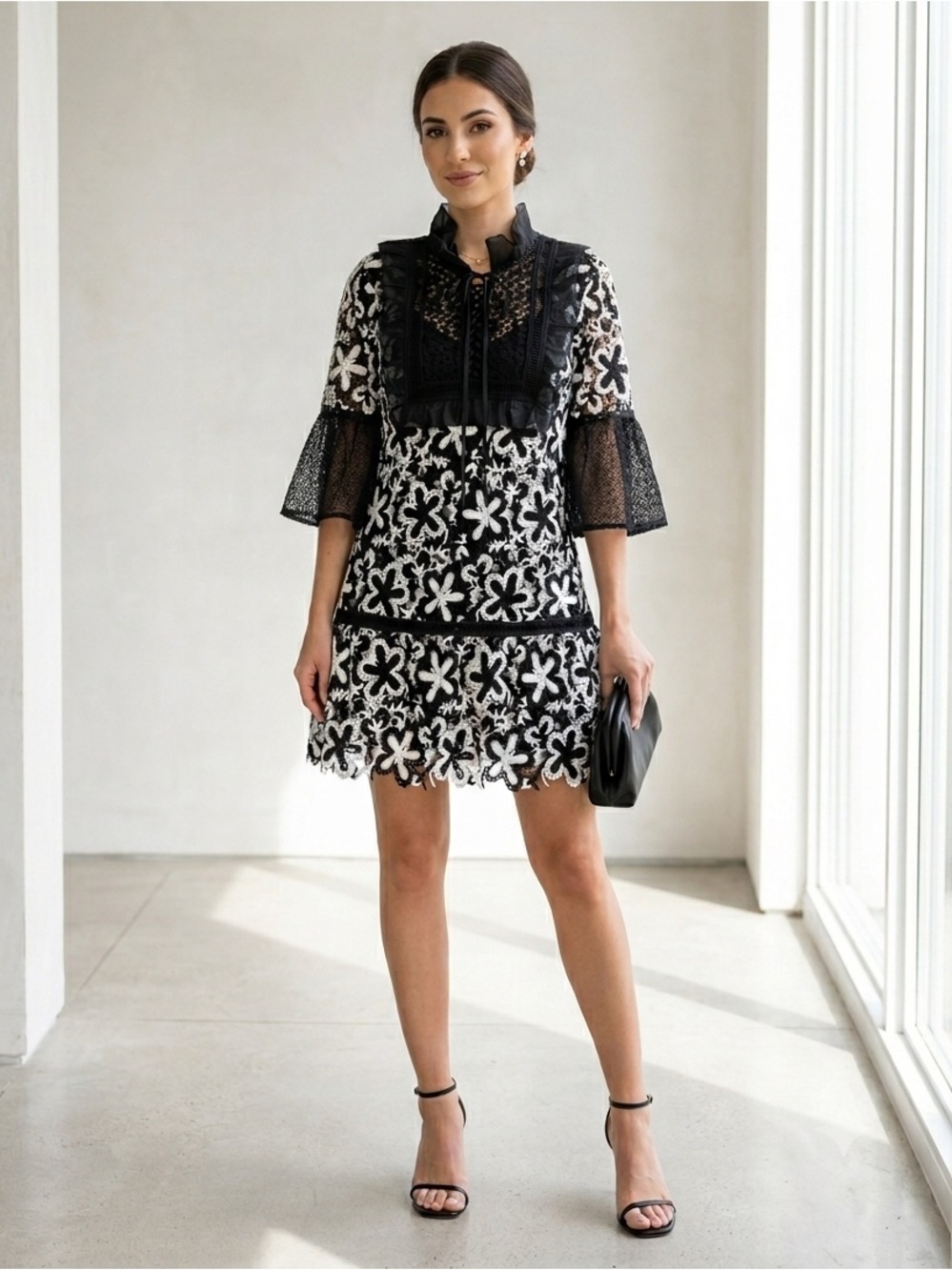 Self-Portrait black & white lace dress with silk Swiss dot details - 4 (Small)
